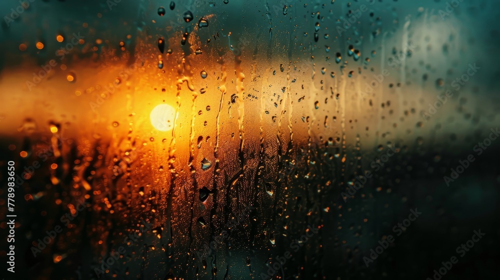 A window with raindrops on it and a sun in the background. The sun is setting and the raindrops are reflecting the light