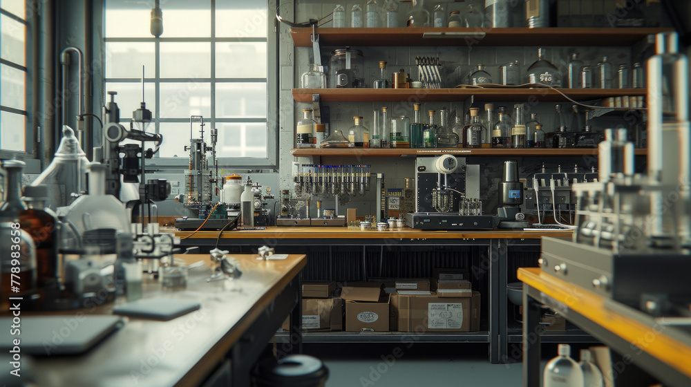 A chemical analysis laboratory with gas chromatographs and spectrometers, temporarily paused but ready to analyze the chemical composition of samples A chemical analysis laboratory with gas chromatographs and spectrometers, temporarily paused but ready to analyze the chemical composition of samples