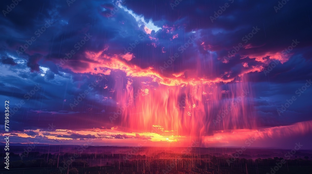 A beautiful sunset with a large rain cloud in the sky. The sky is a mix of blue and pink, and the rain is falling in a steady stream