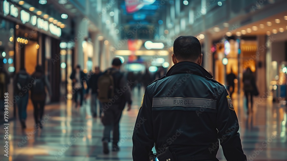 Guardian of a busy mall: a security guard on duty. Concept Security, Guard, Mall, Duties, Safety. copy space for text. Guardian of a busy mall: a security guard on duty. Concept Security, Guard, Mall, Duties, Safety. copy space for text.