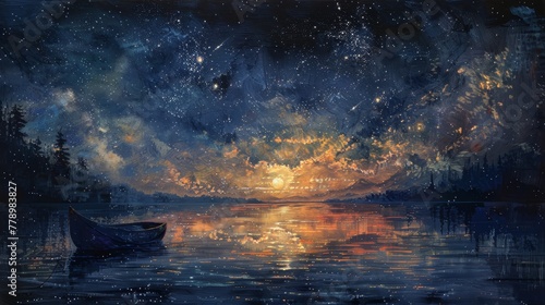 A painting of a lake with a boat and a sunset. The mood of the painting is serene and peaceful