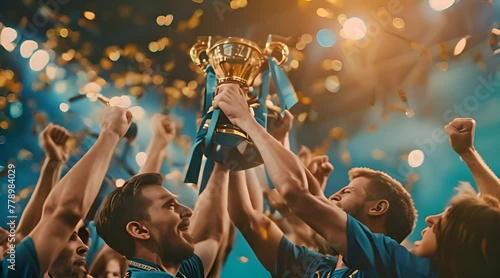 Football club celebrates victory lifting trophy photo