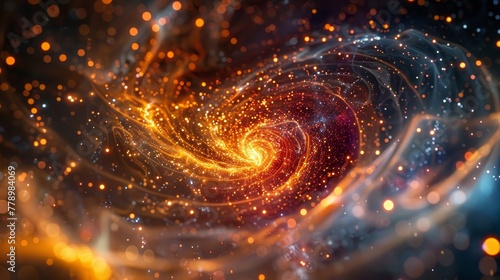 A spiral galaxy with a bright orange center and a dark blue background. The galaxy is filled with bright, glowing stars and is surrounded by a cloud of dust and gas photo