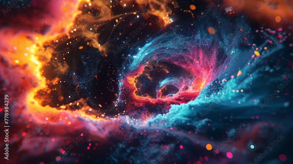 A colorful galaxy with a spiral shape and a bright orange and blue swirl. The colors are vibrant and the swirls are dynamic, giving the impression of movement and energy