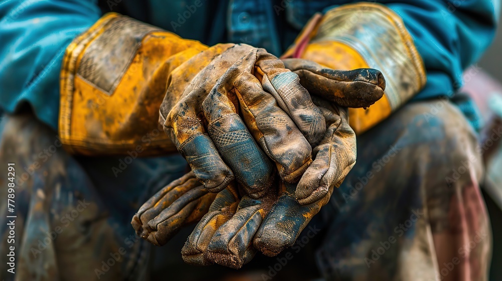 Hands of a working man putting on work gloves. realistic. copy space for text. Hands of a working man putting on work gloves. realistic. copy space for text.