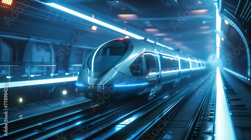 A futuristic transport glides silently over a magnetic levitation rail, illuminated by majestic, cinematic light, showcasing the serene power of advanced technology