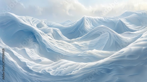A painting of a snowy landscape with a large wave in the middle. The mood of the painting is serene and peaceful, as the viewer is taken on a journey through the vast expanse of snow and ice photo