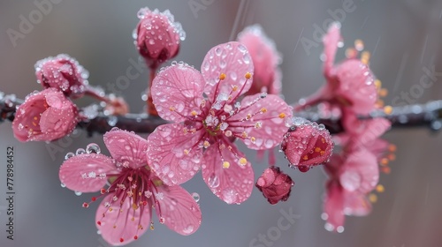 A branch of pink flowers with raindrops on them