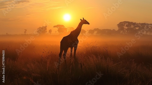 A giraffe stands in a field of tall grass at sunset. The sun is setting in the background  casting a warm glow over the scene. The giraffe is the main focus of the image