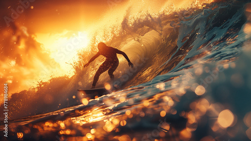 Professional surfer surfing a wave in the ocean at sunset. Water sports concept. © JMarques