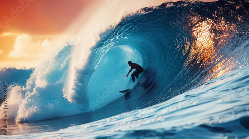 Professional surfer surfing a wave in the ocean at sunset. Water sports concept.