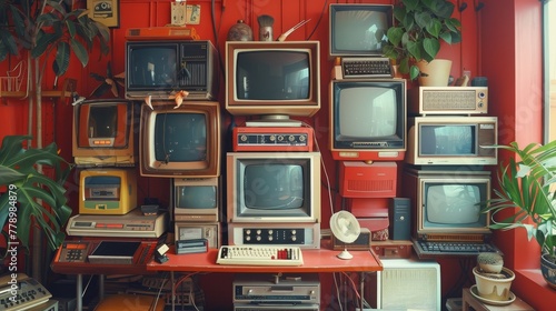A room with many old televisions and a keyboard. The room has a vintage feel to it