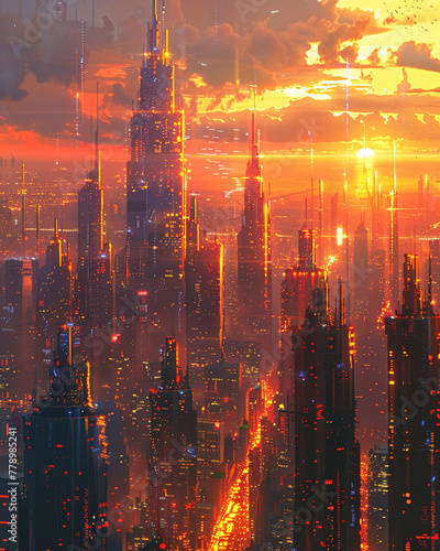 glowing brightly in a futuristic cityscape where skyscrapers tower above  reflecting the golden hues of the setting sun