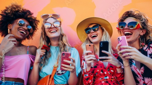 A group of fashionable friends laughing and posing with smartphones, showcasing their connected, digital lives.