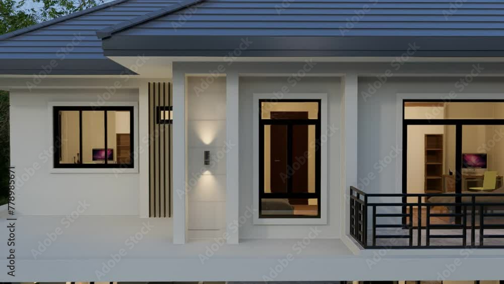 4K video rendering of 3D rendering of two storey contemporary house side view with garage and natural scenery background
