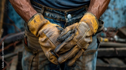 Hands of a working man putting on work gloves. realistic. copy space for text.