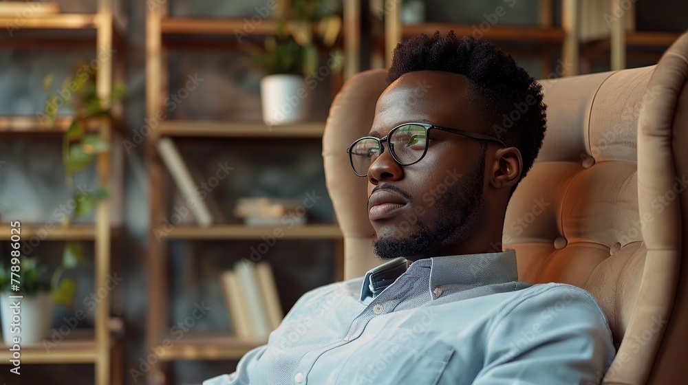 Handsome young african american psychologist man in comfortable armchair during psychological mental supporting patient session. copy space for text. - obrazy, fototapety, plakaty 