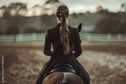 Equestrian Dressage Lesson at Serene Countryside Estate during Golden Hour photo