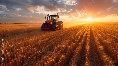 Capture the essence of modern agribusiness in action as farmers diligently tend to their crops in vast fields stretching to the horizon.  photo