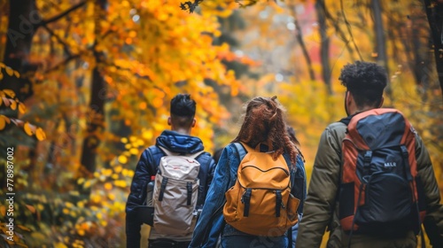 A group of friends embarking on a scenic hike, surrounded by the vibrant colors of autumn foliage.