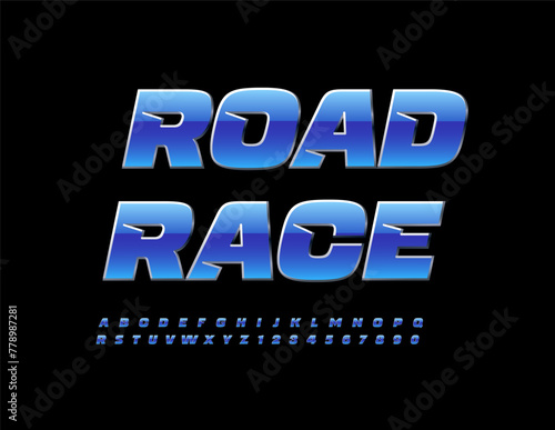 Vector bright icon Road Race. Blue and Silver Exclusive Font. Modern Alphabet Letters and Numbers.
