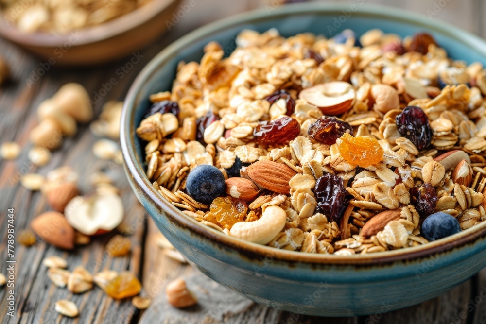 A nutritious bowl of granola with mixed nuts and dried fruits on a rustic table A nutritious bowl of granola with mixed nuts and dried fruits on a rustic table