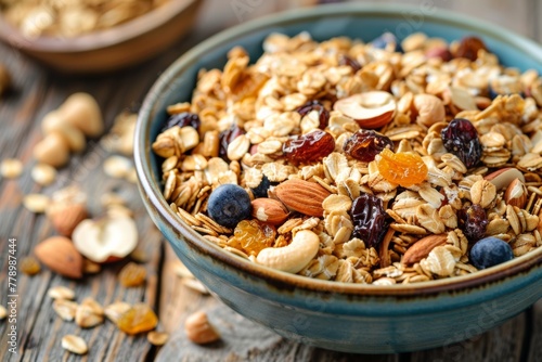 A nutritious bowl of granola with mixed nuts and dried fruits on a rustic table