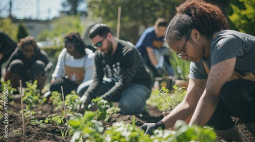 A group of people from various backgrounds planting a community garden, the earthy tones highlighting connection and growth.