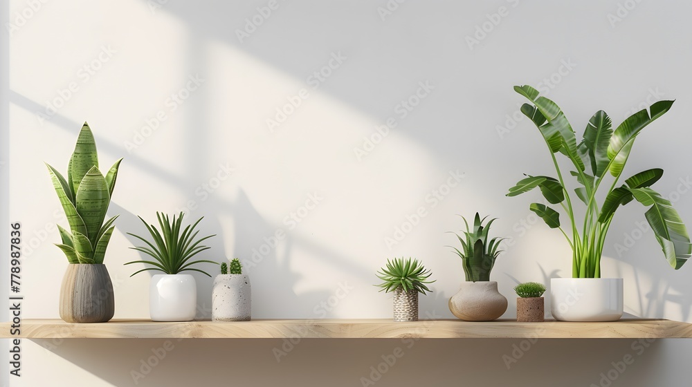 Mockup wall with plants on Shelf wooden.
