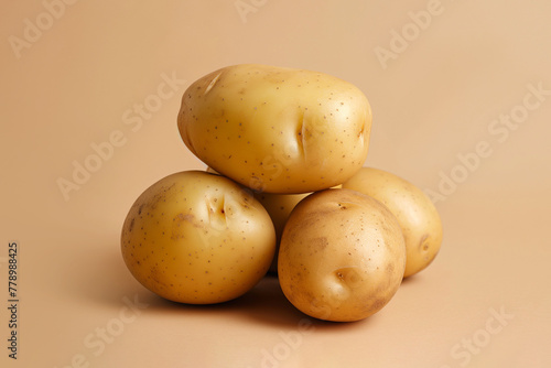 Raw potatoes. Pile of fresh potatoes on neutral background with copy space for text. Vegan diet  healthy organic food  vegetables  salad preparation ingredients  cooking  vitamins.