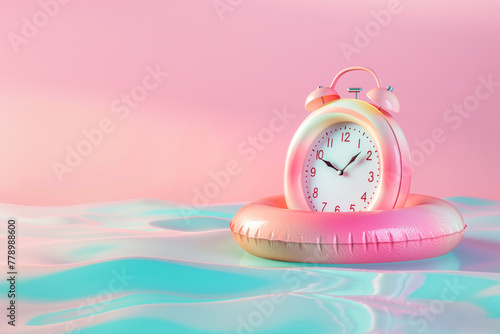 Alarm clock as an inflatable ring floating in the water on pastel background. Minimalist creative concept. Save your time, vacation and safe tourism, summer time, sport, beach, summer vacations theme.