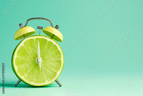 Alarm clock with a cut lime fruit instead of the clock face. Summer time, welcome summer. Creative minimal concept, vitamins, fruit and vegan diet plan. Citrus alarm clock photo