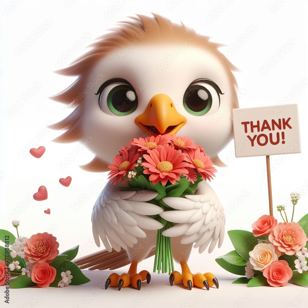Obraz premium Cute character 3D image of Hawk with flowers and saying thanks white background