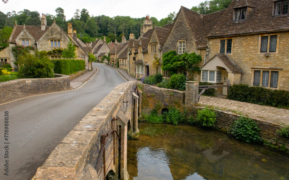 Quaint village street in the Cotswold area of England