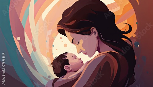 Contemplative portrait of a mother looking at her child, line art extremely simplified portrait , cute, simple 2d style pastel colors