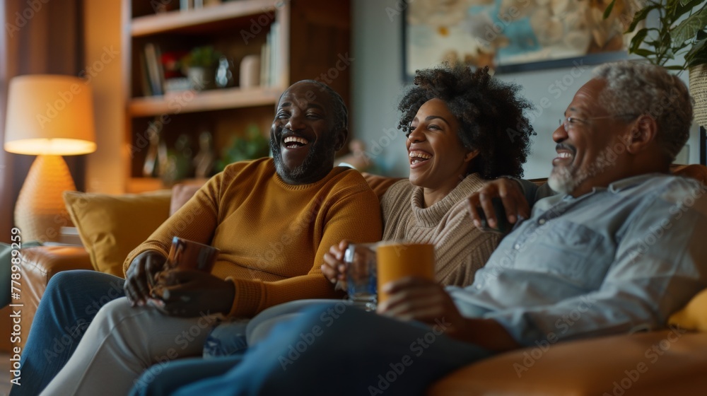 A joyful family gathering in a cozy living room, sharing stories and laughter, radiating warmth and unity. A joyful family gathering in a cozy living room, sharing stories and laughter, radiating warmth and unity.