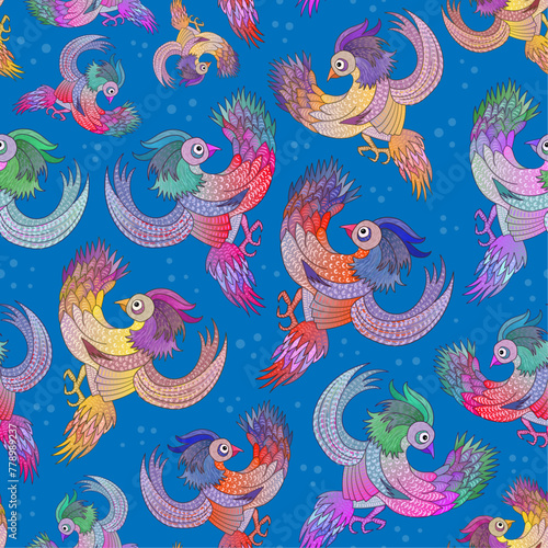 Multicolored flashy fictional birds repeated in vector seamless pattern. Colorful fire birds on vivid blue backdrop in attractive surface art design.