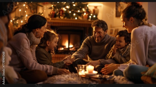 A joyful family gathering in a cozy living room  sharing stories and laughter  radiating warmth and unity.
