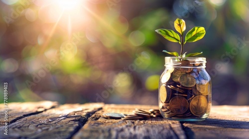 Amidst coins, a plant flourishes in a jar, bathed in sunlight on wood. An emblem of growth, savings, and the fusion of financial prudence with nature.
 photo