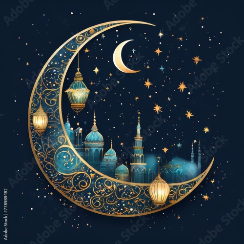 Ramadan-themed illustration featuring a luminescent crescent moon cradling a sunburst heart, twin minarets silhouetted against a gradient twilight sky photo