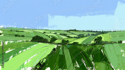 Abstract landscape painting with green fields and blue sky