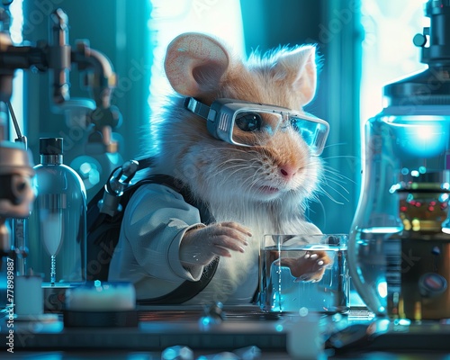 Hamster in professional wear fine-tunes a water filtration system design, realistic , cinematic style.