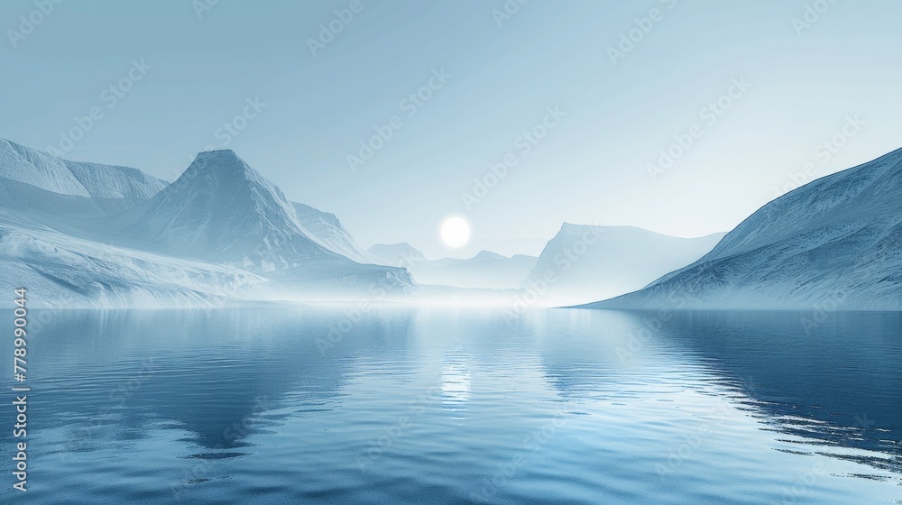 An abstract, serene dawn scene featuring a smoothie blending with icy essence in a blue aura against a minimalist backdrop, highlighting negative space.