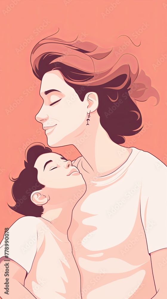 High angle shot of a mother and son in a playful moment , cute, simple 2d style pastel colors High angle shot of a mother and son in a playful moment , cute, simple 2d style pastel colors