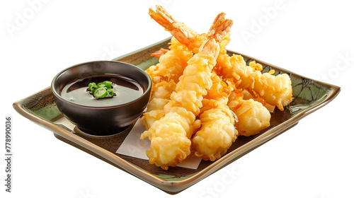 Fresh japanese tempura on plate with sauce isolated on white background