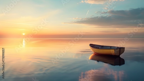 Tranquil Sunset at Sea - Lonely Boat on Calm Waters - Golden Hour Serenity photo