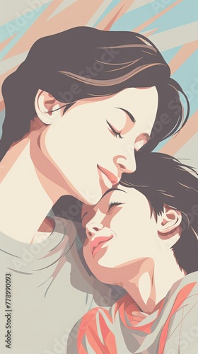High angle shot of a mother and son in a playful moment   cute  simple 2d style pastel colors
