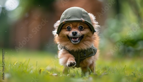 A tiny Pomeranian bravely wears a WWII helmet, playfully darting around a backyard battlefield, evoking a mix of hilarity and cuteness. © Thor.PJ