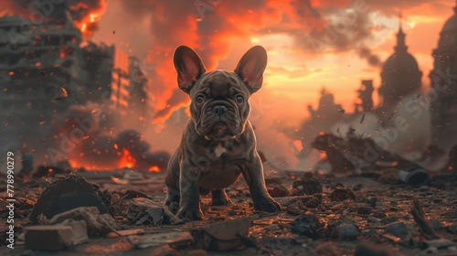 A tiny French Bulldog explores a surreal wasteland filled with giant creatures, in a 2D illustrated world. The search for meaning is evident.