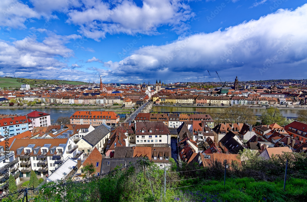 Fototapeta premium A beautiful day in the medieval city of Wurzburg on a rainy day.